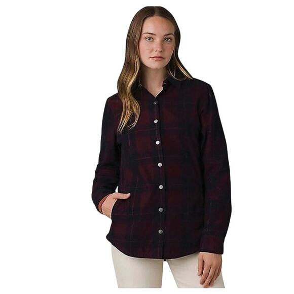 prAna Red Black Plaid Flannel Lined Shirt Women’s M Snap Button Outdoor - Picture 1 of 10